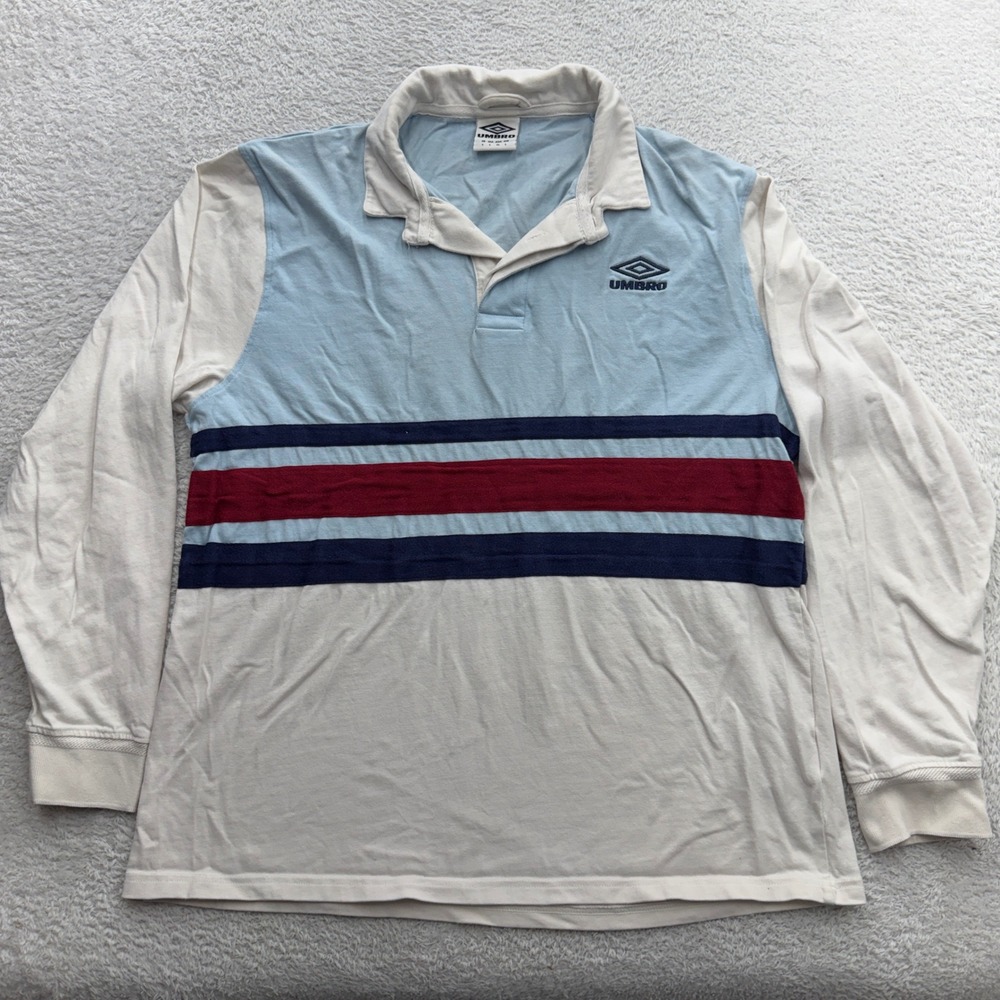 Umbro Mens Long Sleeve Rugby Shirt Light Blue Off-White Striped Large Logo